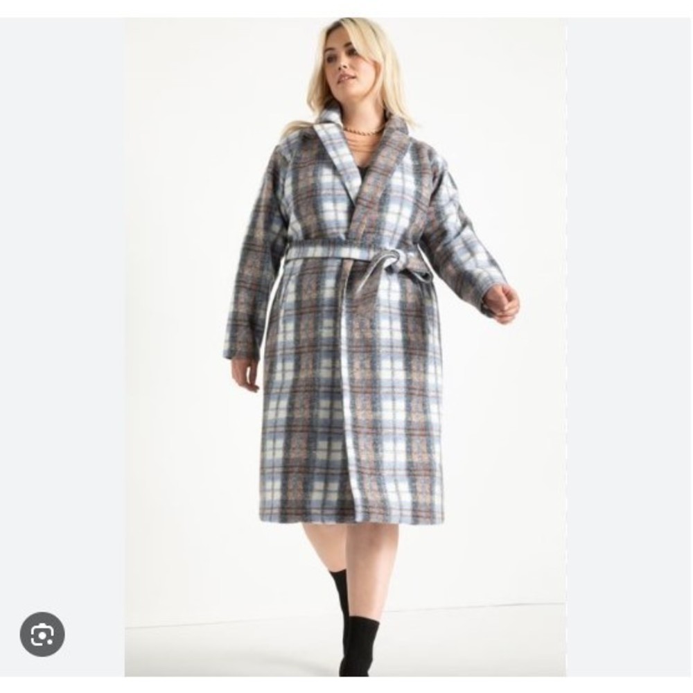 98. NWT ELOQUII Womens Plus Size Blue Plaid Robe Coat Size 18 20